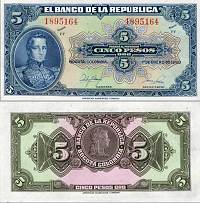 *5 Pesos Oro Kolumbia 1950, P386e UNC - Kliknutím na obrázok zatvorte -